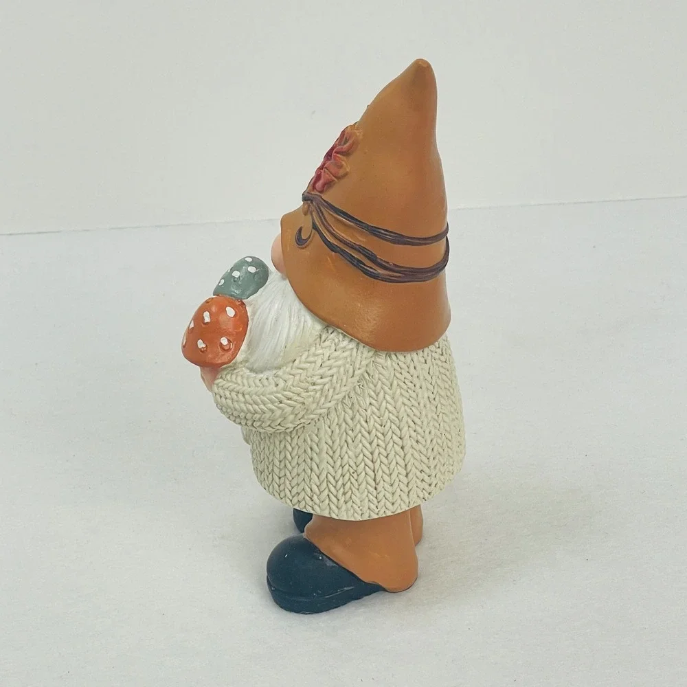 Fall Gnome Figurine Autumn Decor Cable Knit Sweater Mushrooms Brown Hat 6.5 Inch